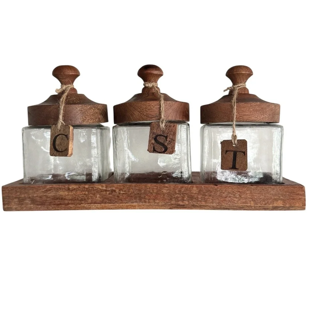 Rustic Glass Kitchen Canister Set 3 Coffee Sugar Tea Wood Lids & Tray India